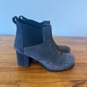 Sorel Addington Chelsea Waterproof Leather Gray Suede Ankle Block Heel Boots 9.5